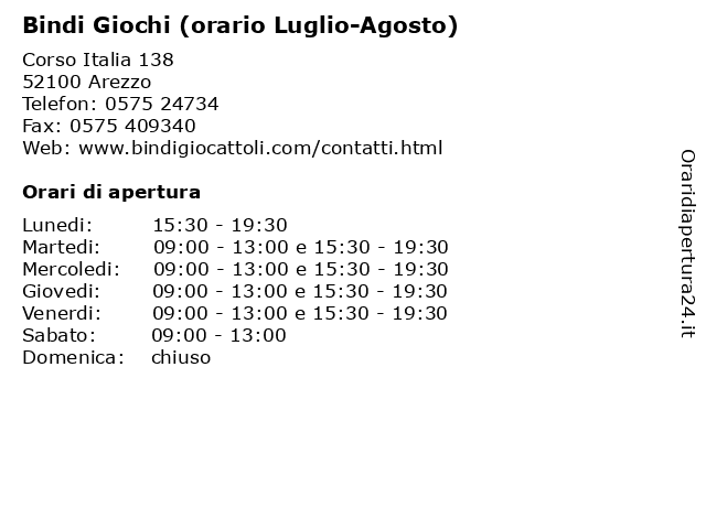 Orari di apertura Bindi Giochi orario Luglio Agosto Corso